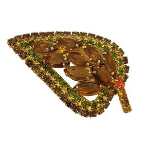 Vintage Rhinestone Leaf Brooch Fall Colors Domed Large Unsigned